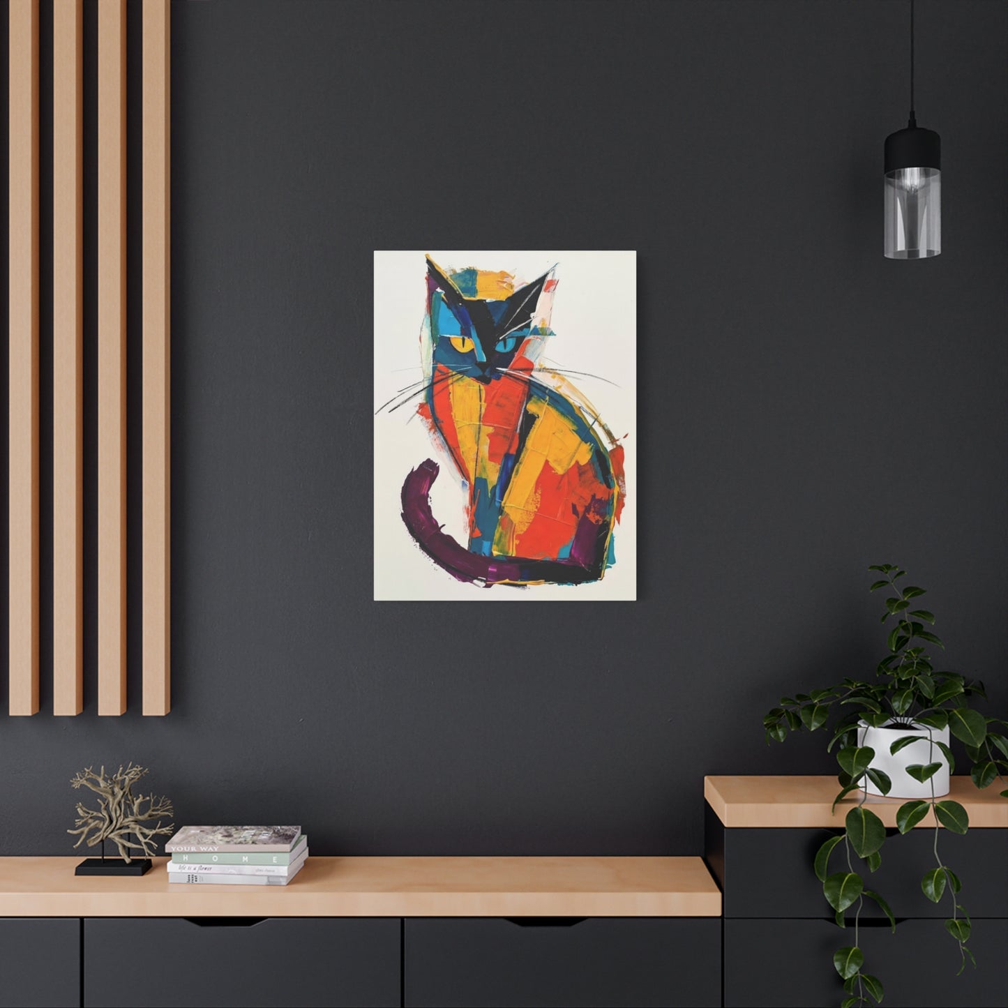 Colorful Abstract Cat Canvas Art - Modern Stretched Matte Wall Decor
