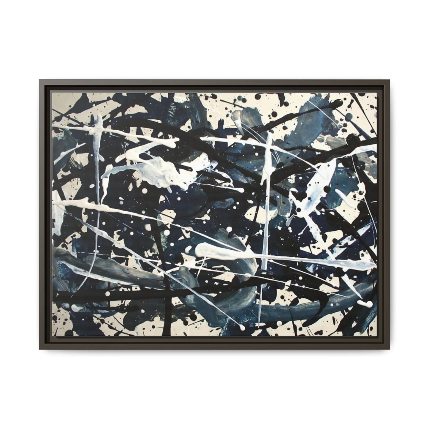 Abstract Splatter Matte Canvas Framed Wall Art — Black & Blue Modern Art Print
