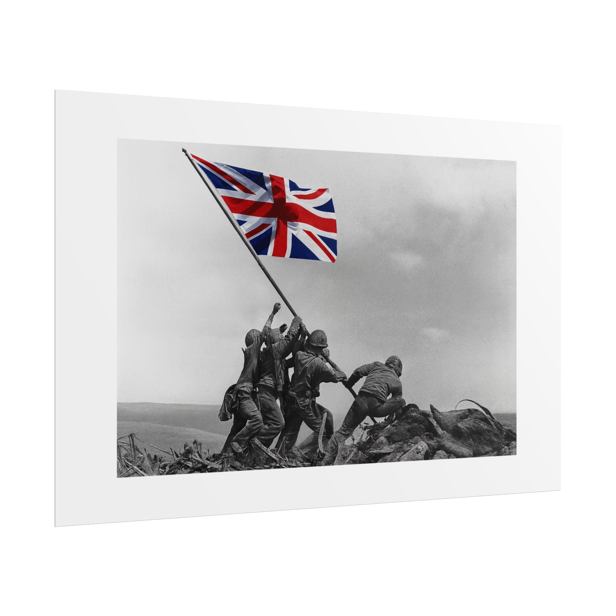 Raising the Union Jack by Unknown attributed to Joe Rosenthal Wall Art Print