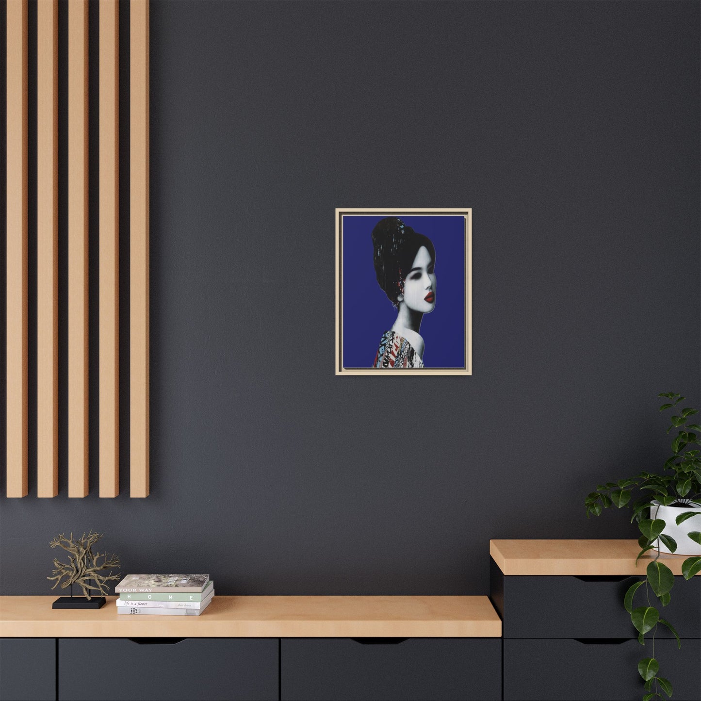 Framed Matte Canvas Art — Elegant Geisha Portrait on Deep Blue