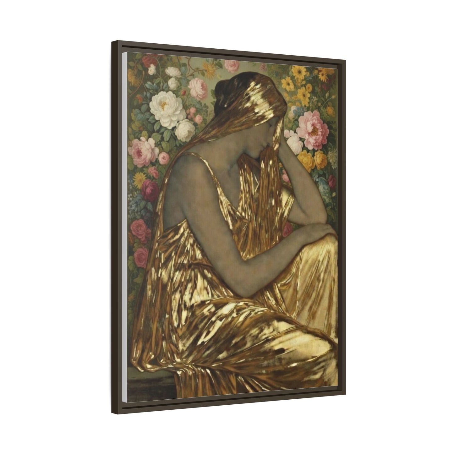 Framed Canvas Art Print — Golden Muse Woman with Floral Background