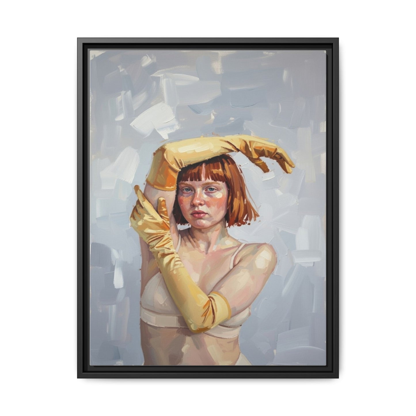 Contemporary Portrait Canvas Print — Woman with Yellow Gloves (Framed Matte)