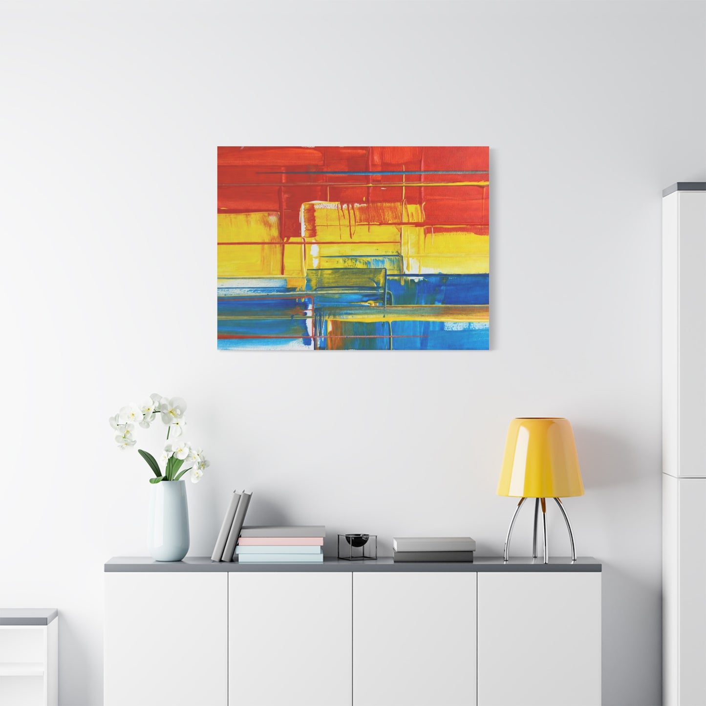 Abstract Color Block Canvas Print — Vibrant Red, Yellow & Blue Stretched Wall Art