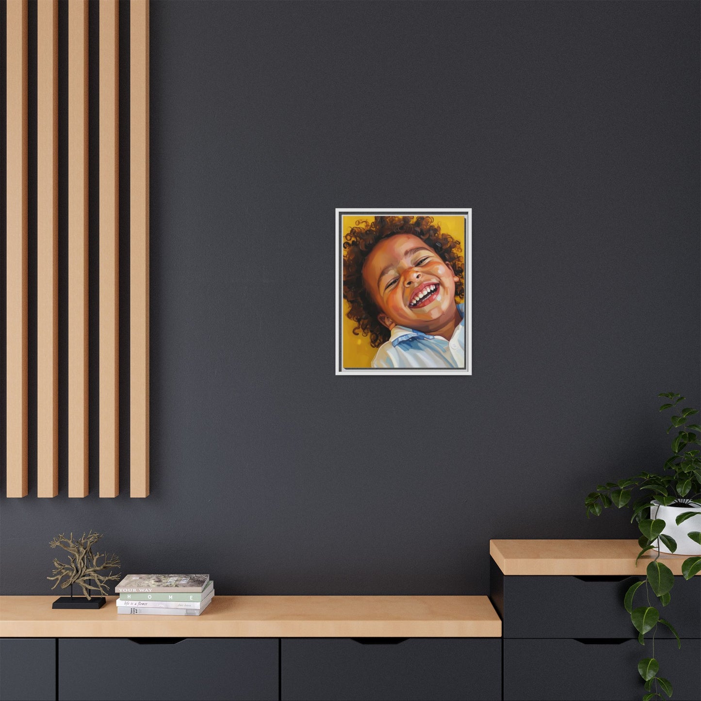 Framed Matte Canvas Print – Joyful Child Portrait, Colorful Nursery Wall Art