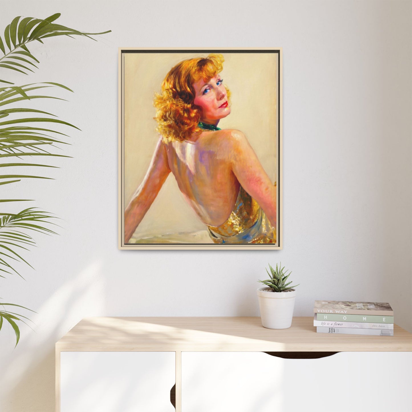 Framed Matte Canvas Print — Vintage Portrait of Redhead Greta Garbo in Gold Dress