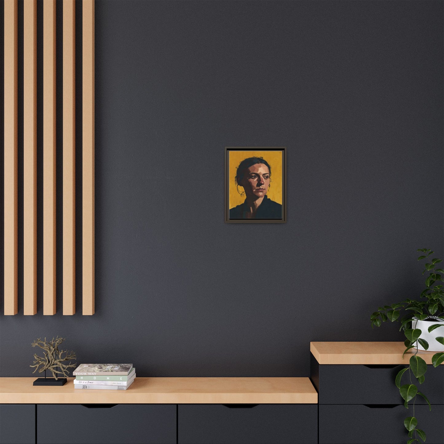 Framed Matte Canvas Portrait Art — Moody Woman on Mustard Background