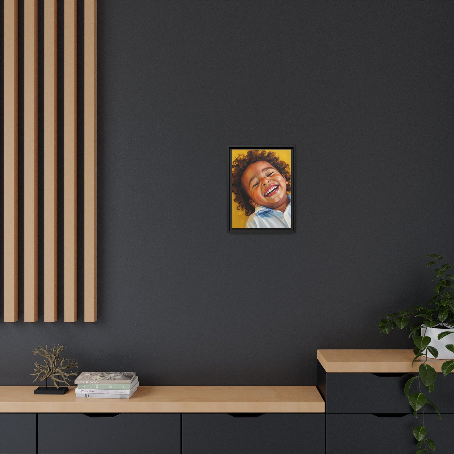 Framed Matte Canvas Print – Joyful Child Portrait, Colorful Nursery Wall Art
