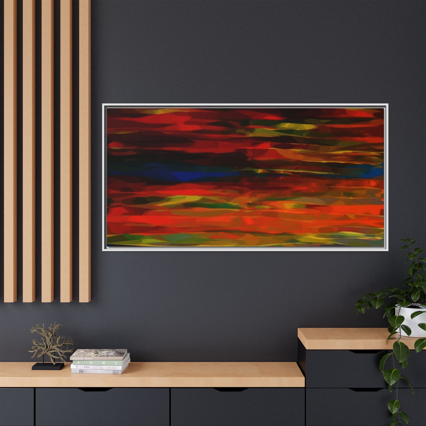 Abstract Multi-Color Matte Canvas Framed Wall Art — Bold Red & Blue Modern Painting