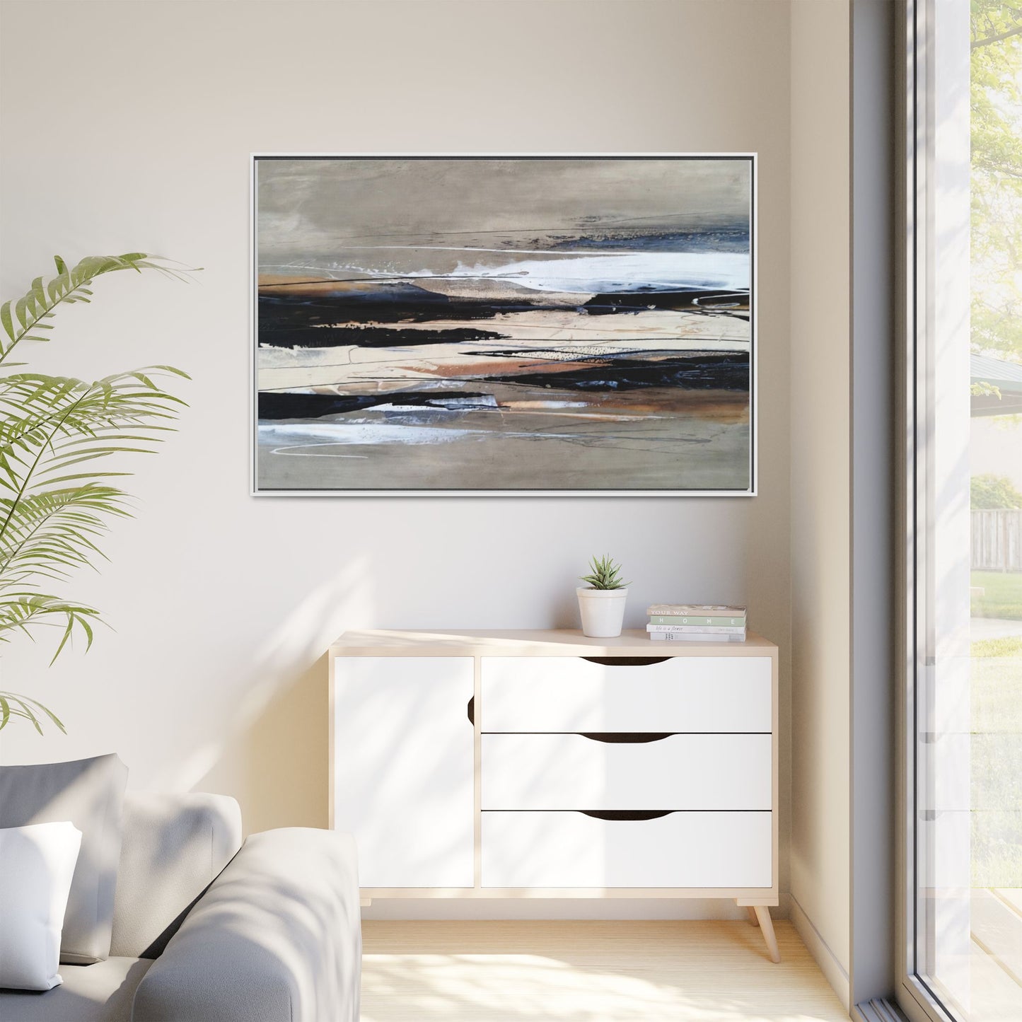 Abstract Seascape Matte Canvas Framed Wall Art — Neutral Coastal Landscape