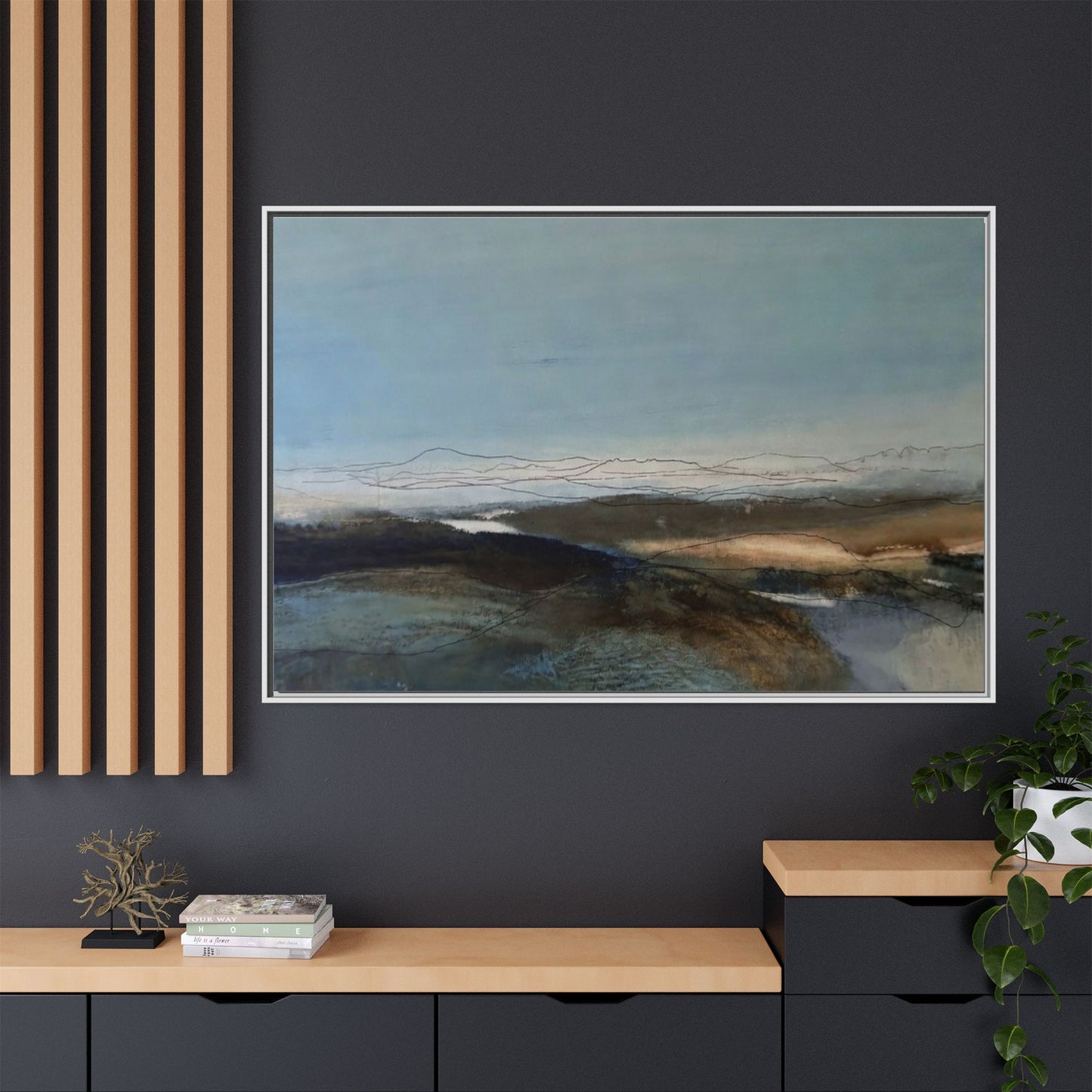 Framed Matte Canvas Wall Art — Serene Abstract Blue Landscape