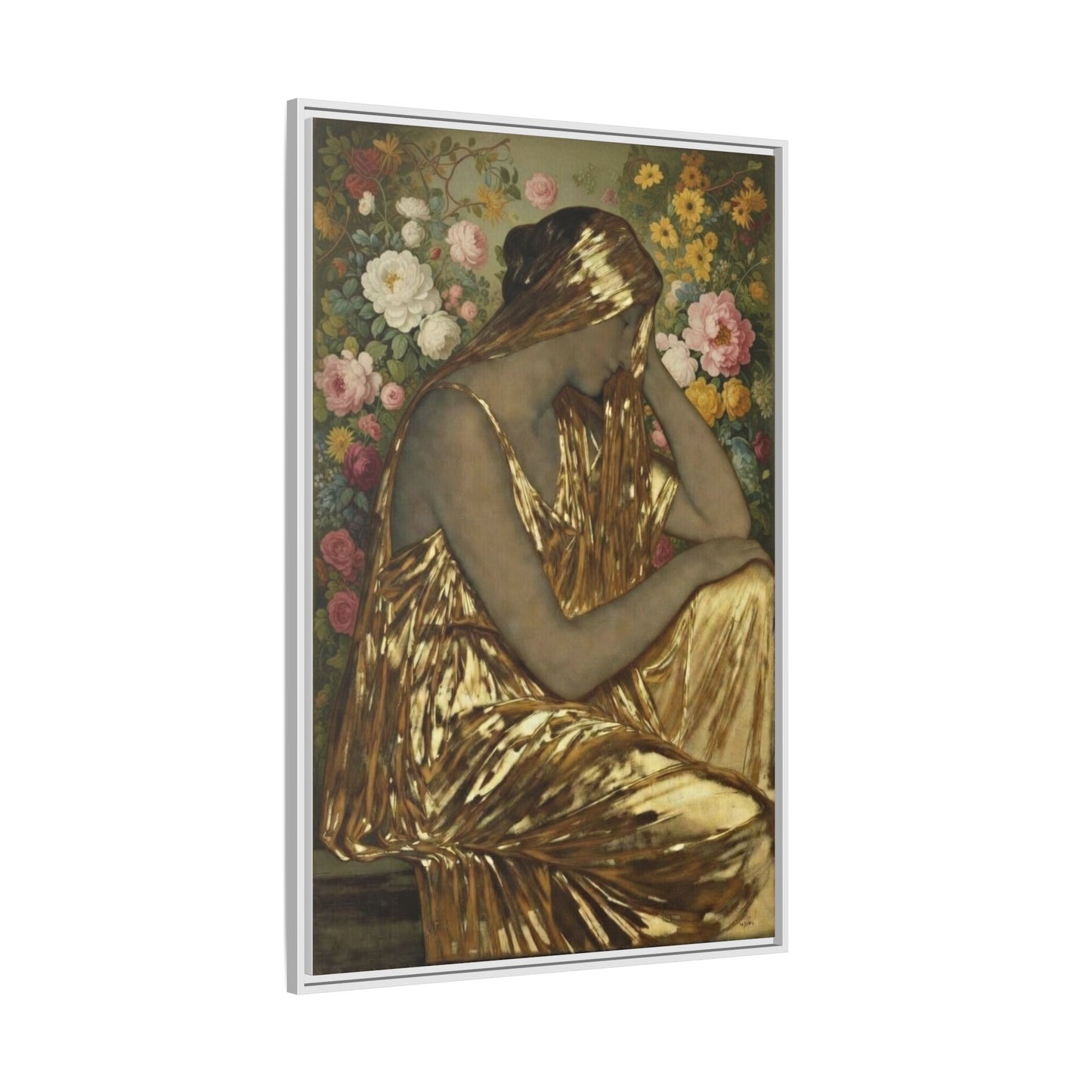 Framed Canvas Art Print — Golden Muse Woman with Floral Background