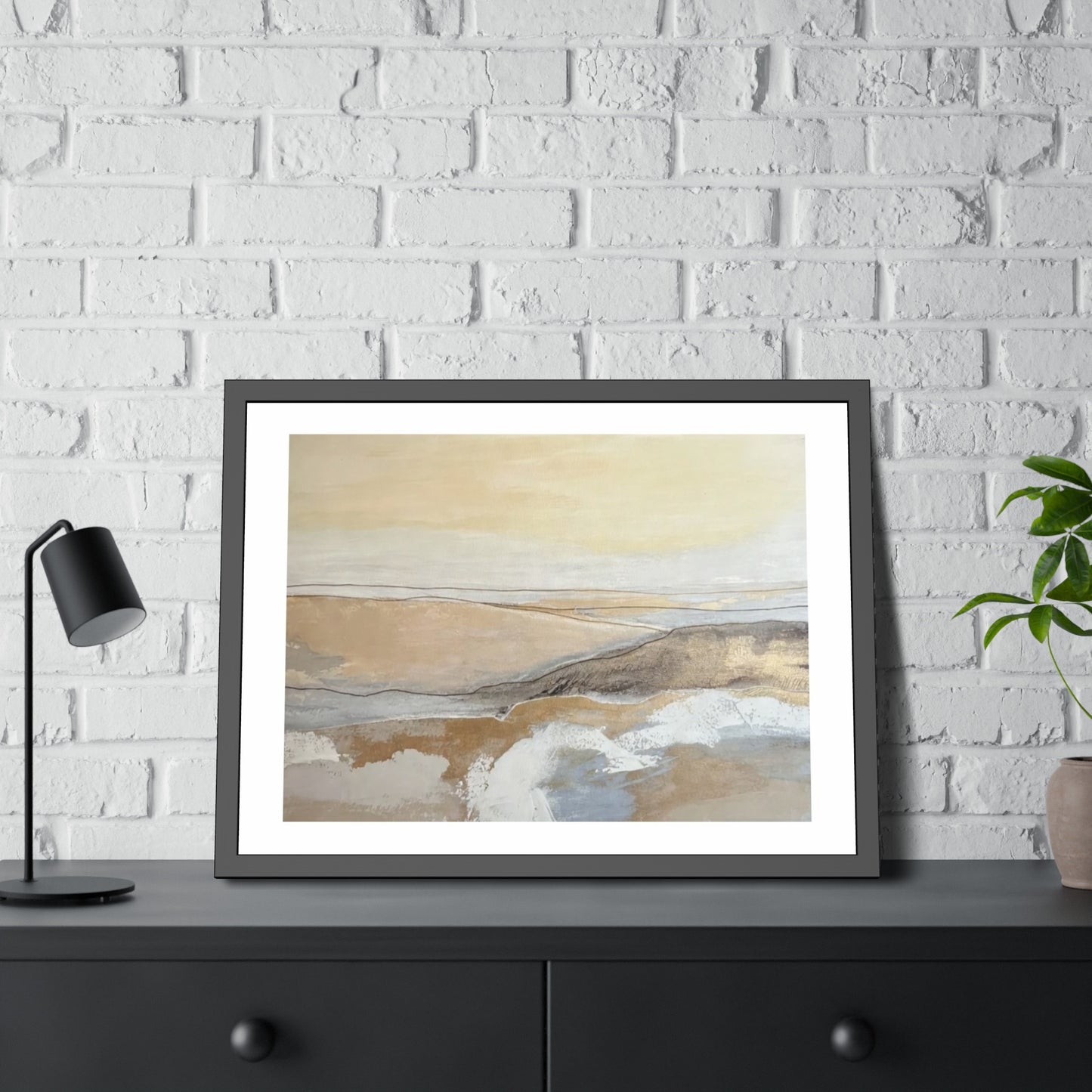 Abstract Coastal Landscape Framed Paper Poster — Neutral Beige Blue Wall Art