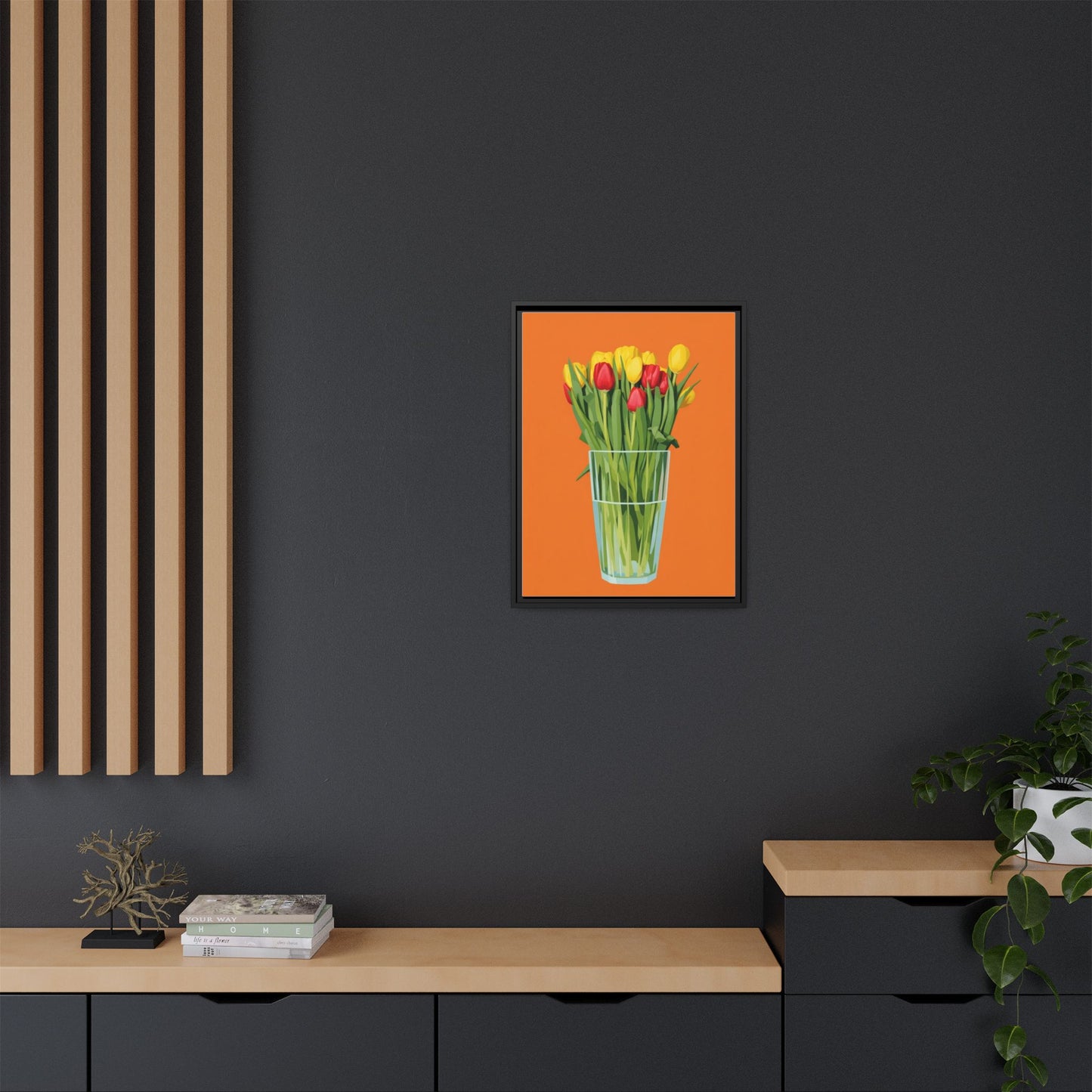Framed Tulip Canvas Print — Colorful Tulips in Glass Vase