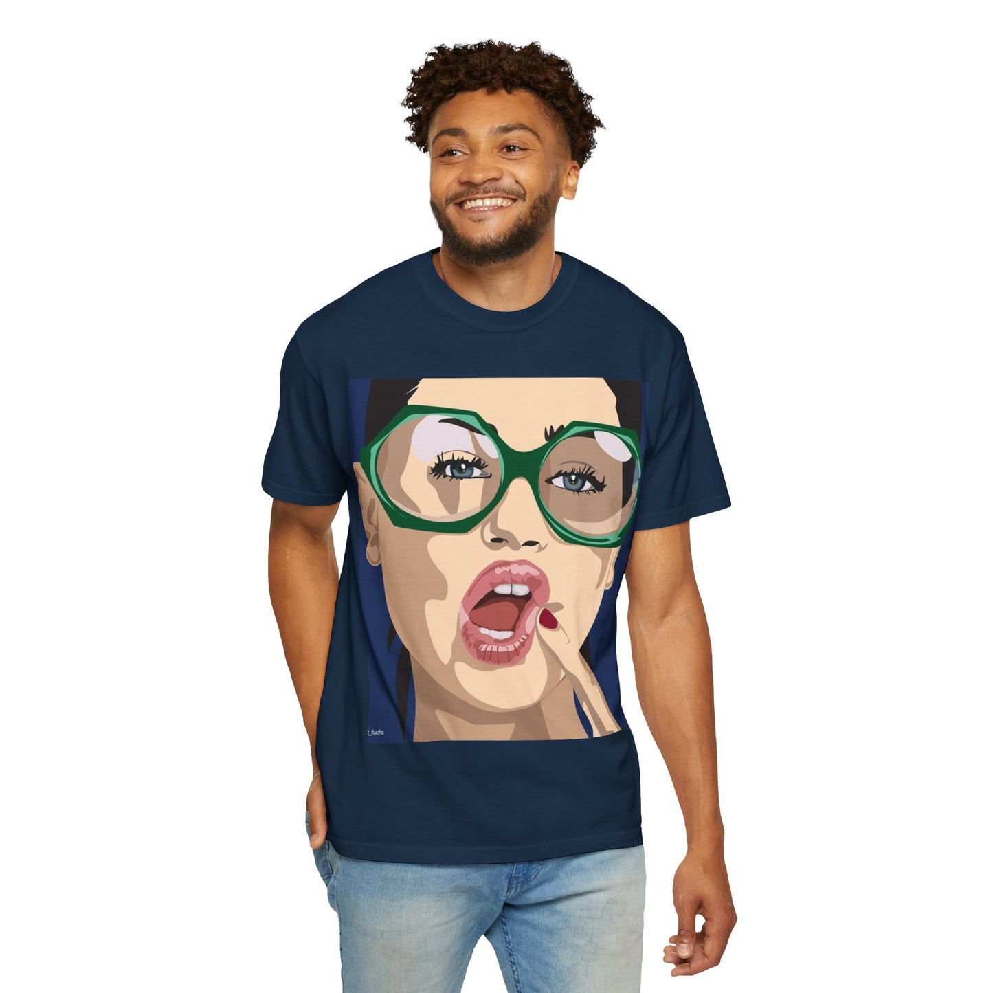 Pop Art Woman Graphic T‑Shirt — Retro Chic Green Glasses Design