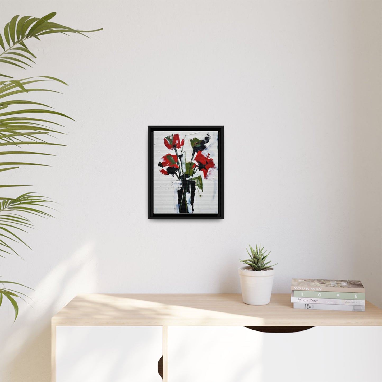 Framed Abstract Floral Canvas Print — Red Poppies in Black Vase