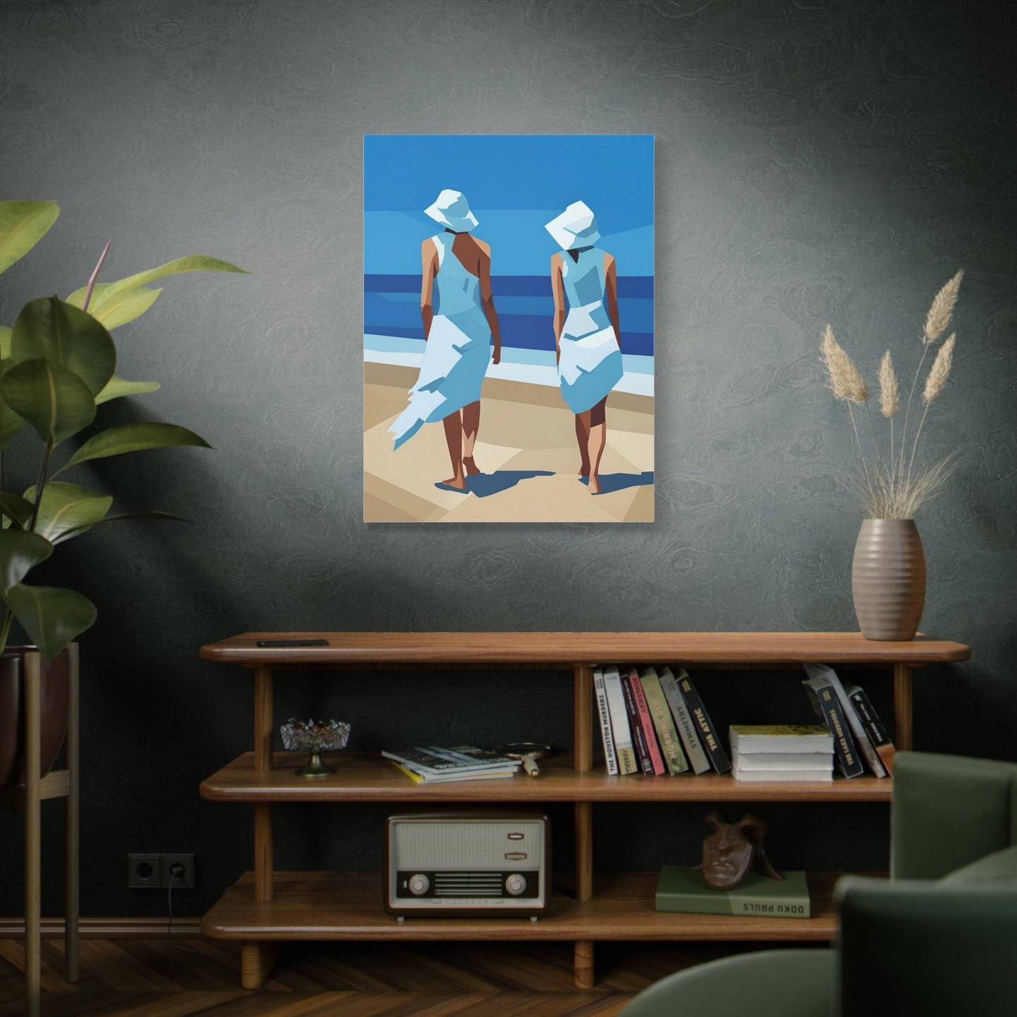 Beach Stroll Canvas Print — Two Women in Blue Sun Hats Matte Stretched