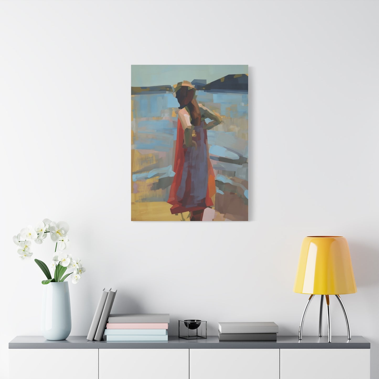 Coastal Stroll Matte Canvas Print — Abstract Woman in Red Dress, Stretched 1.25"
