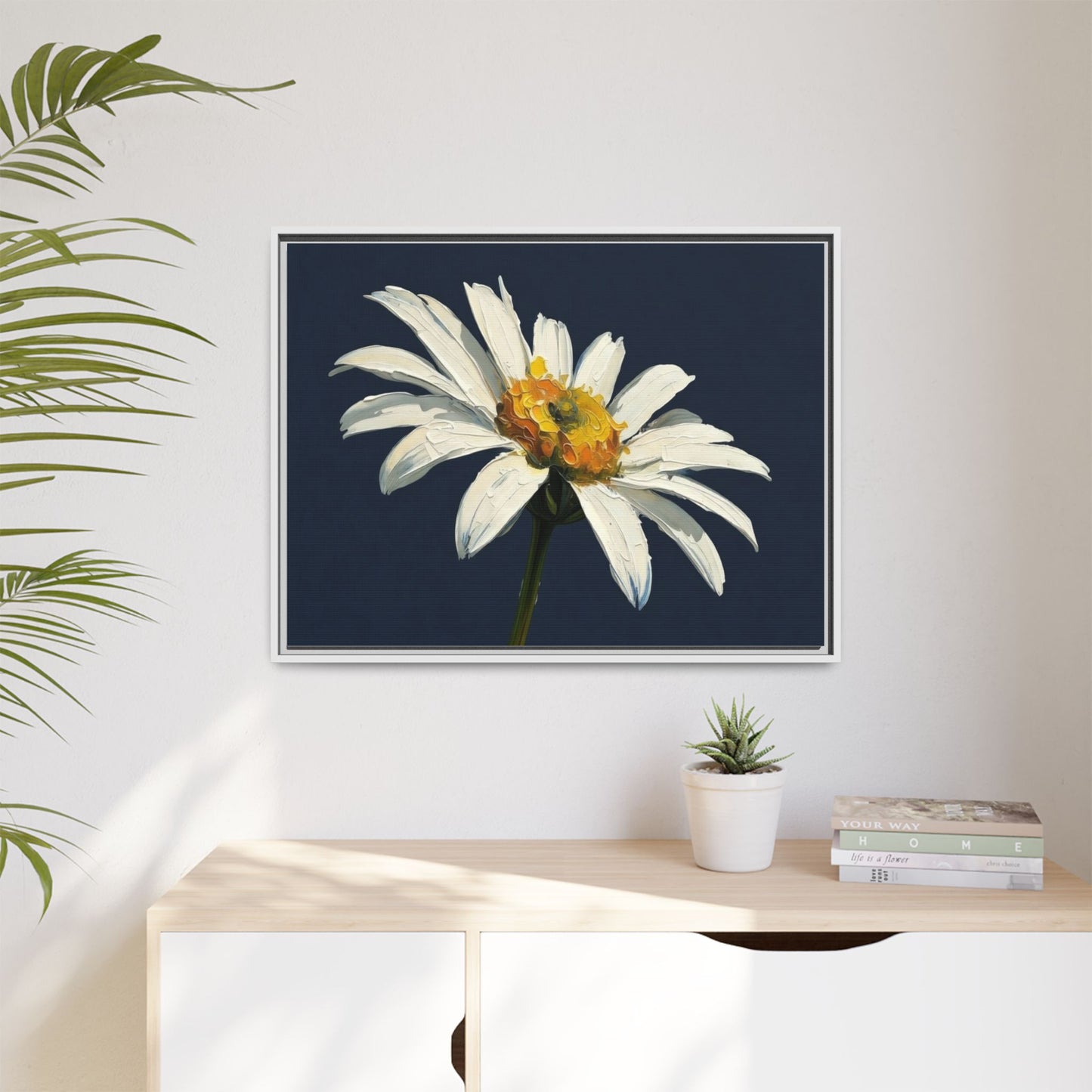 Framed Matte Canvas Daisy Wall Art — White Floral Painting on Navy