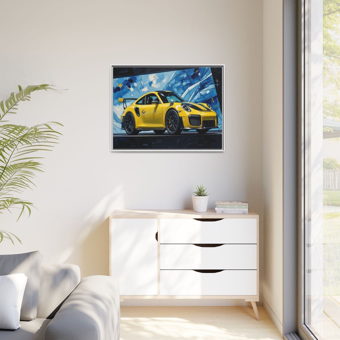 Yellow Porsche Sports Car Matte Framed Canvas – Modern Automotive Wall Art