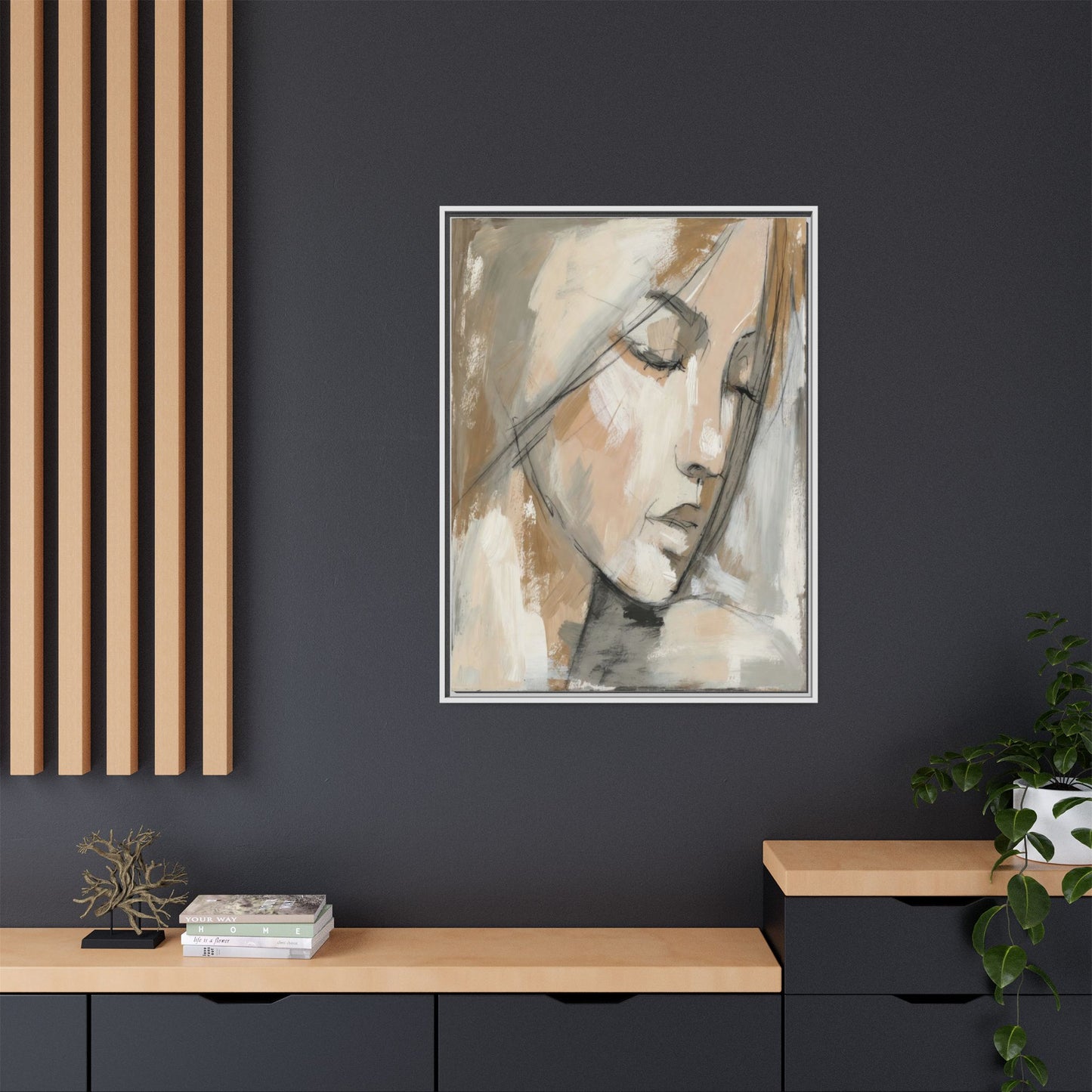 Framed Matte Canvas Art — Serene Abstract Portrait in Neutrals
