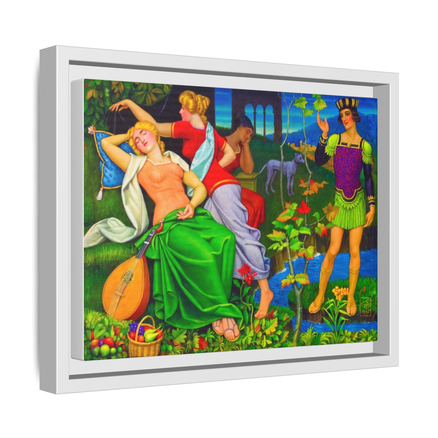 Framed Matte Canvas Art — Colorful Mythic Garden Scene