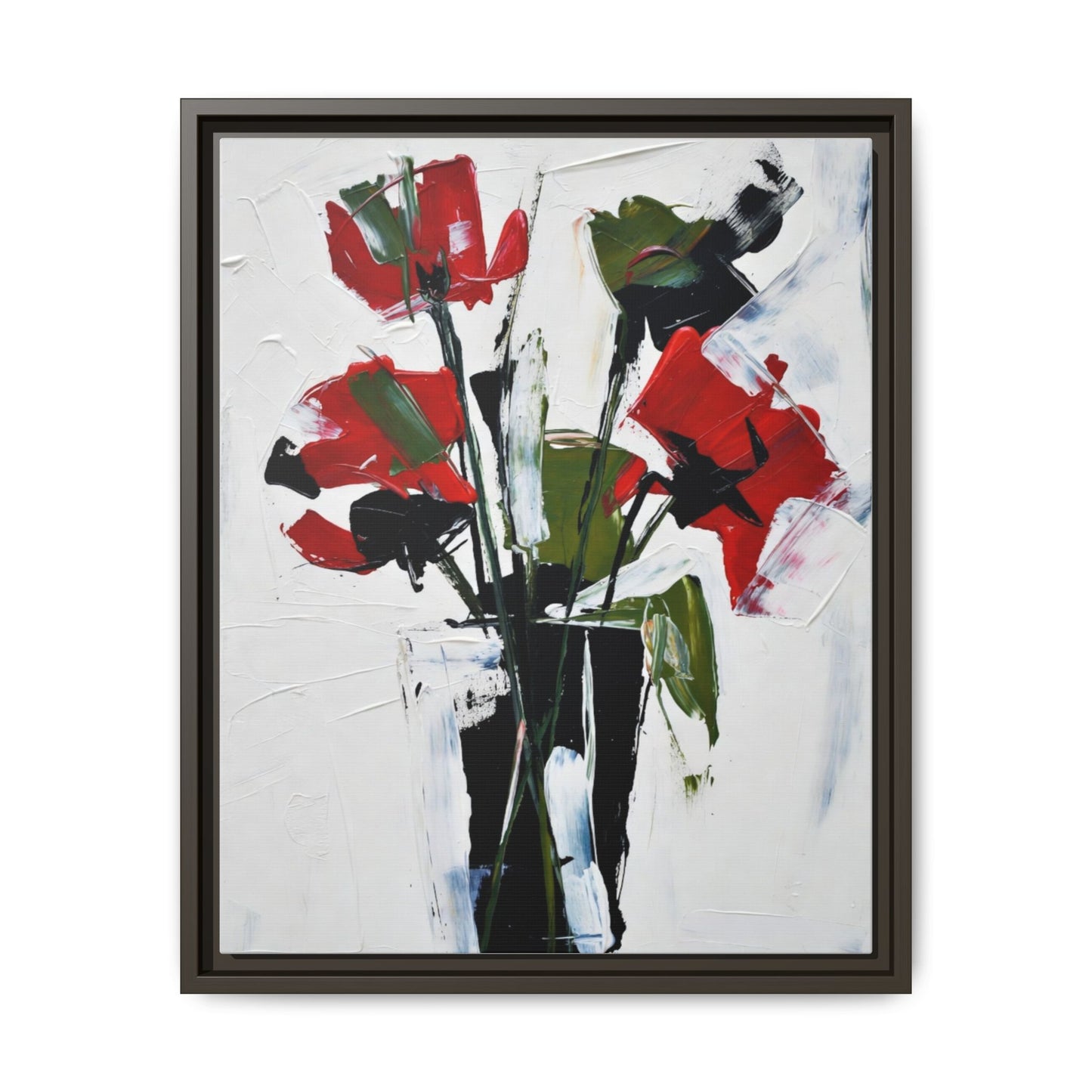 Framed Abstract Floral Canvas Print — Red Poppies in Black Vase