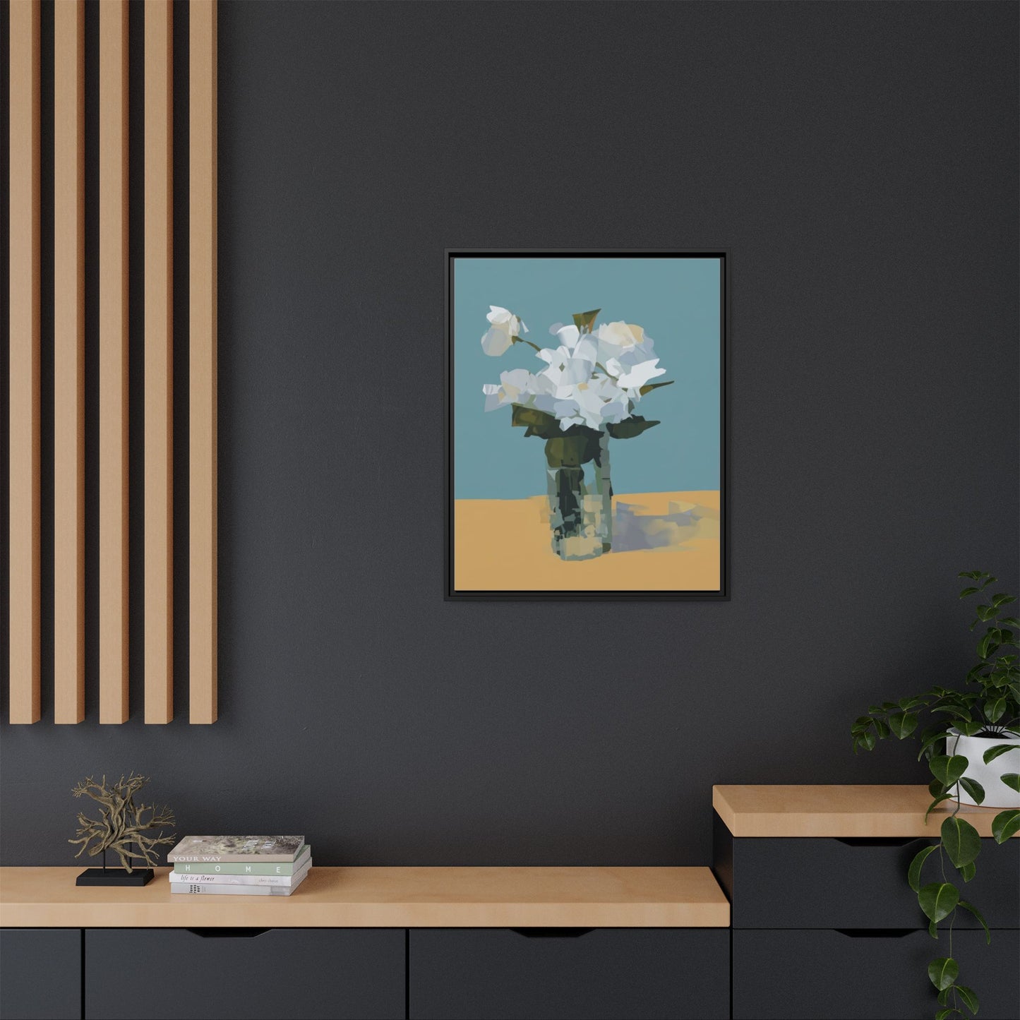 Framed Floral Still Life Canvas Art — Modern White Bouquet Wall Art