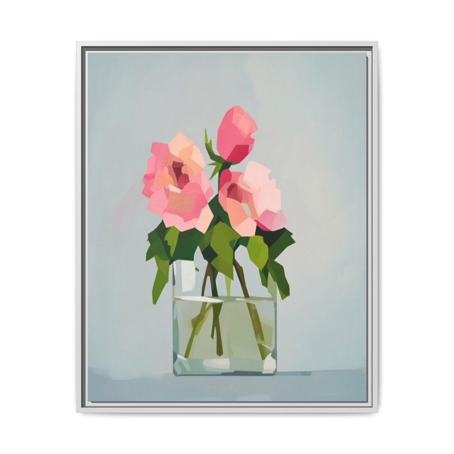 Framed Floral Canvas Print — Pink Roses in Glass Vase (Matte)