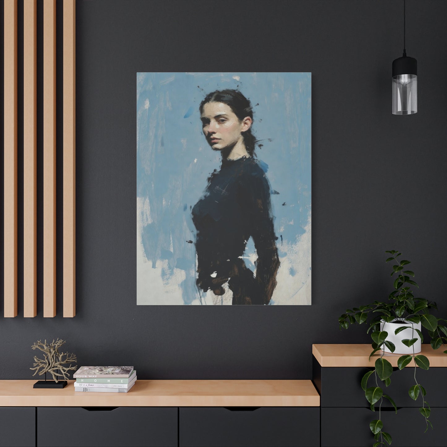 Matte Stretched Canvas Print — Portrait of a Young Woman, Moody Blue Figurative Art