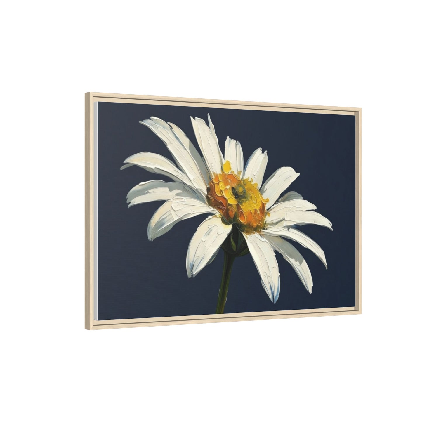 Framed Matte Canvas Daisy Wall Art — White Floral Painting on Navy