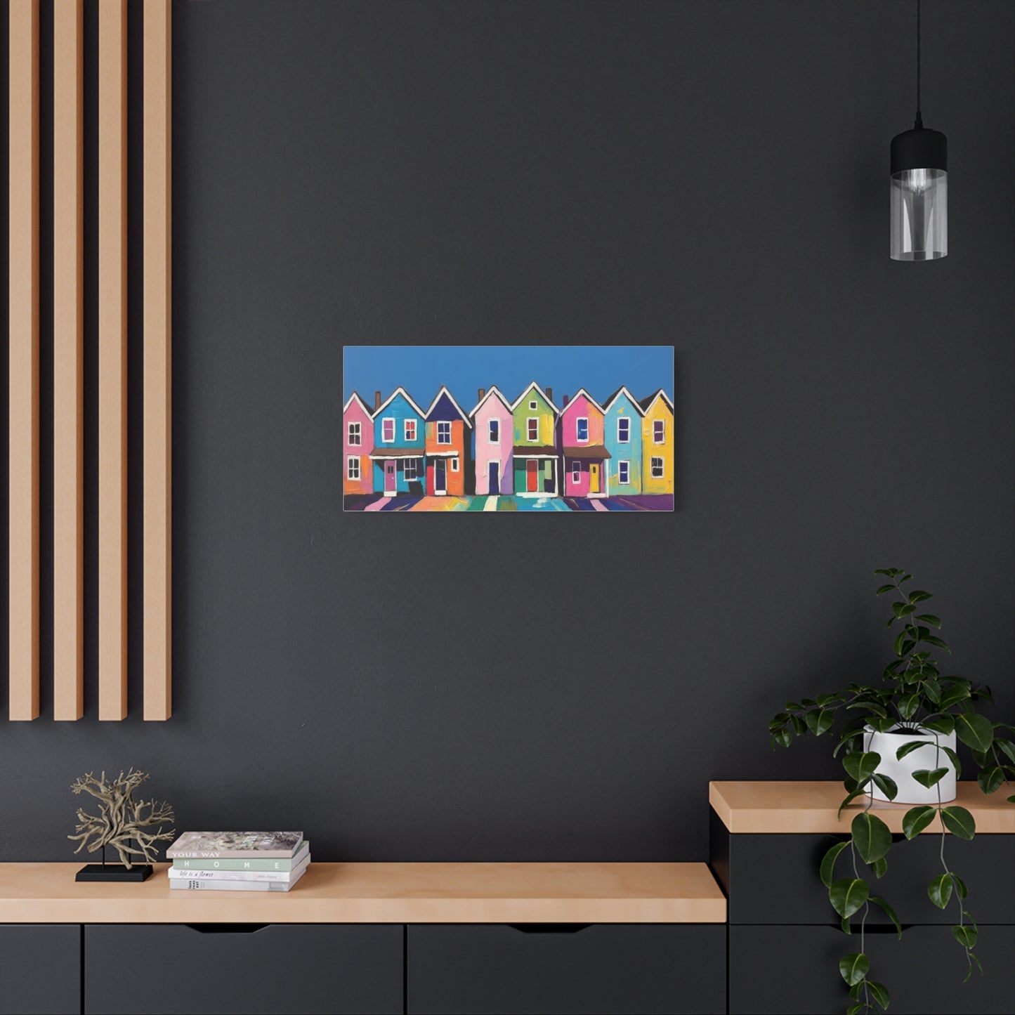 Colorful Row Houses Matte Canvas Print Vibrant Coastal Neighborhood Wall Art