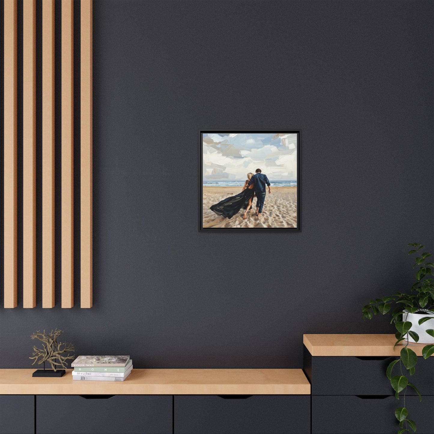 Framed Canvas Wall Art — Romantic Couple Walking on Beach Print