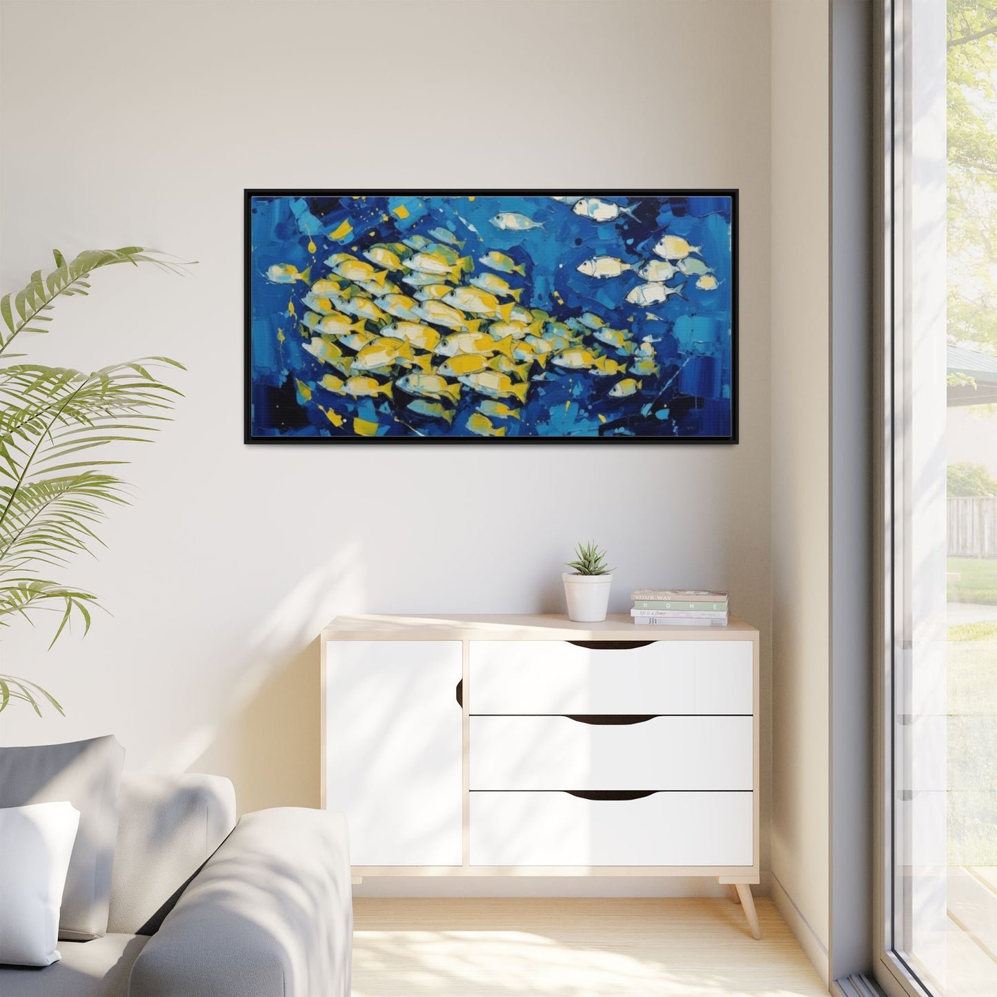 Framed Matte Canvas: Blue School of Fish Wall Art