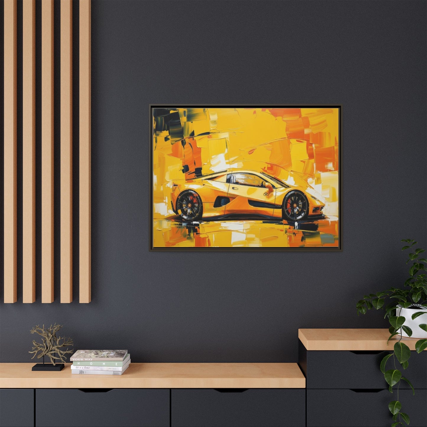 Yellow Sports Car Abstract Matte Canvas Framed Print