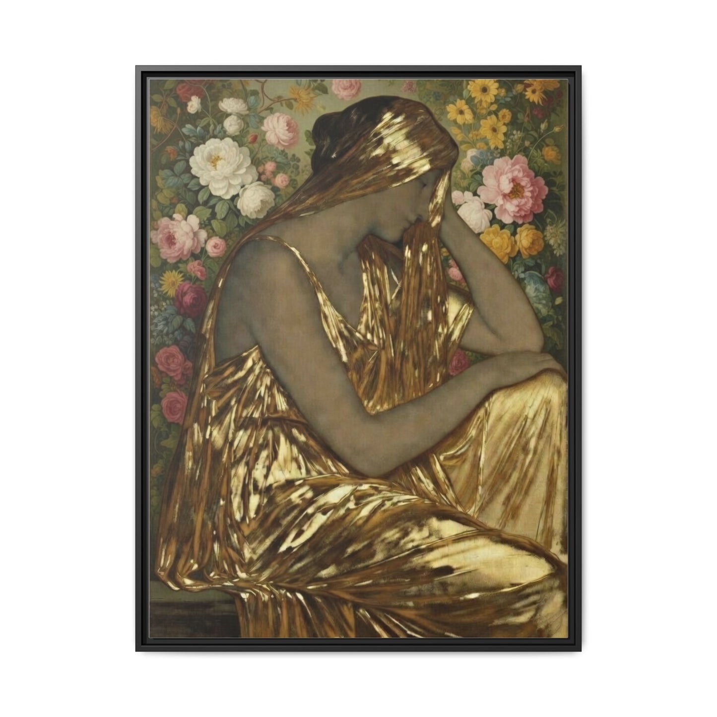 Framed Canvas Art Print — Golden Muse Woman with Floral Background