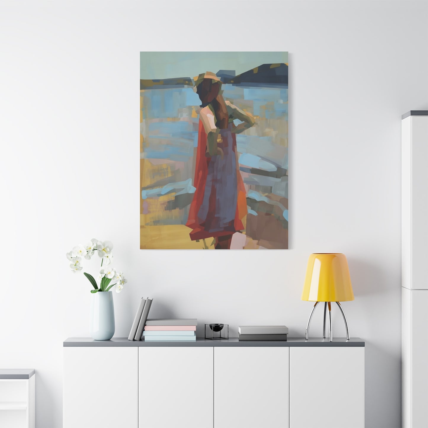 Coastal Stroll Matte Canvas Print — Abstract Woman in Red Dress, Stretched 1.25"