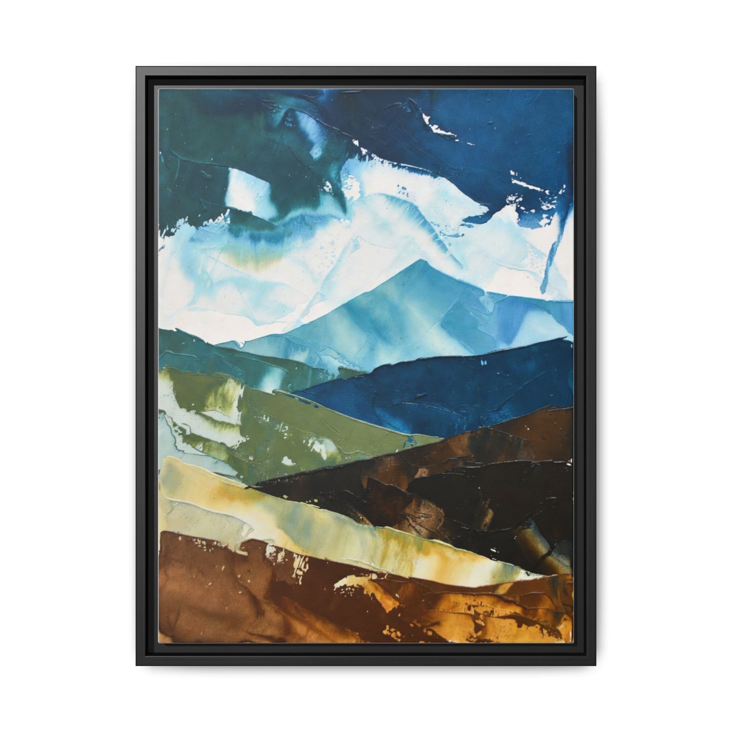 Framed Abstract Mountain Canvas Art — Blue & Earthtone Landscape Print