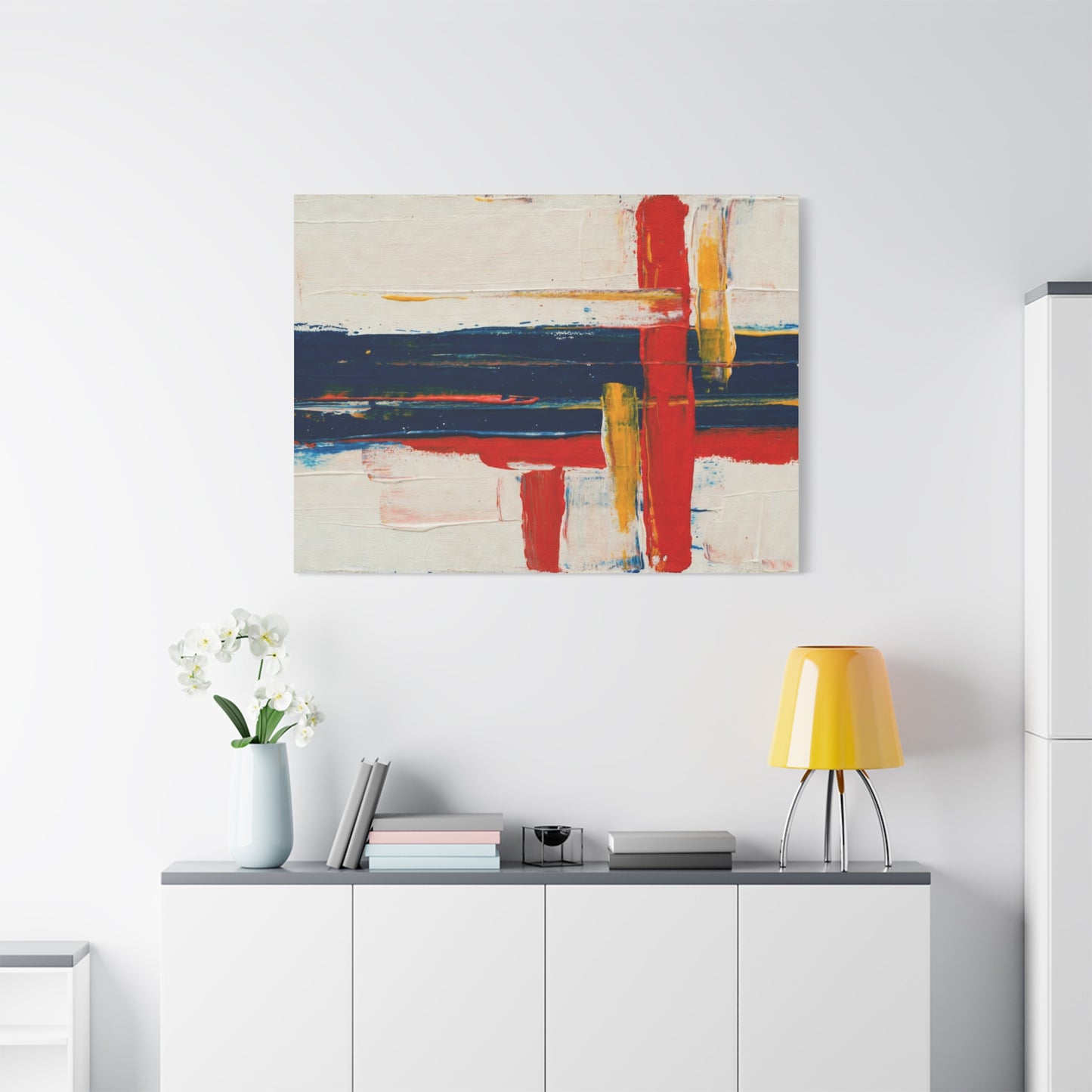 Abstract Modern Canvas Art Print — Red, Navy & Gold Stretched Matte Canvas