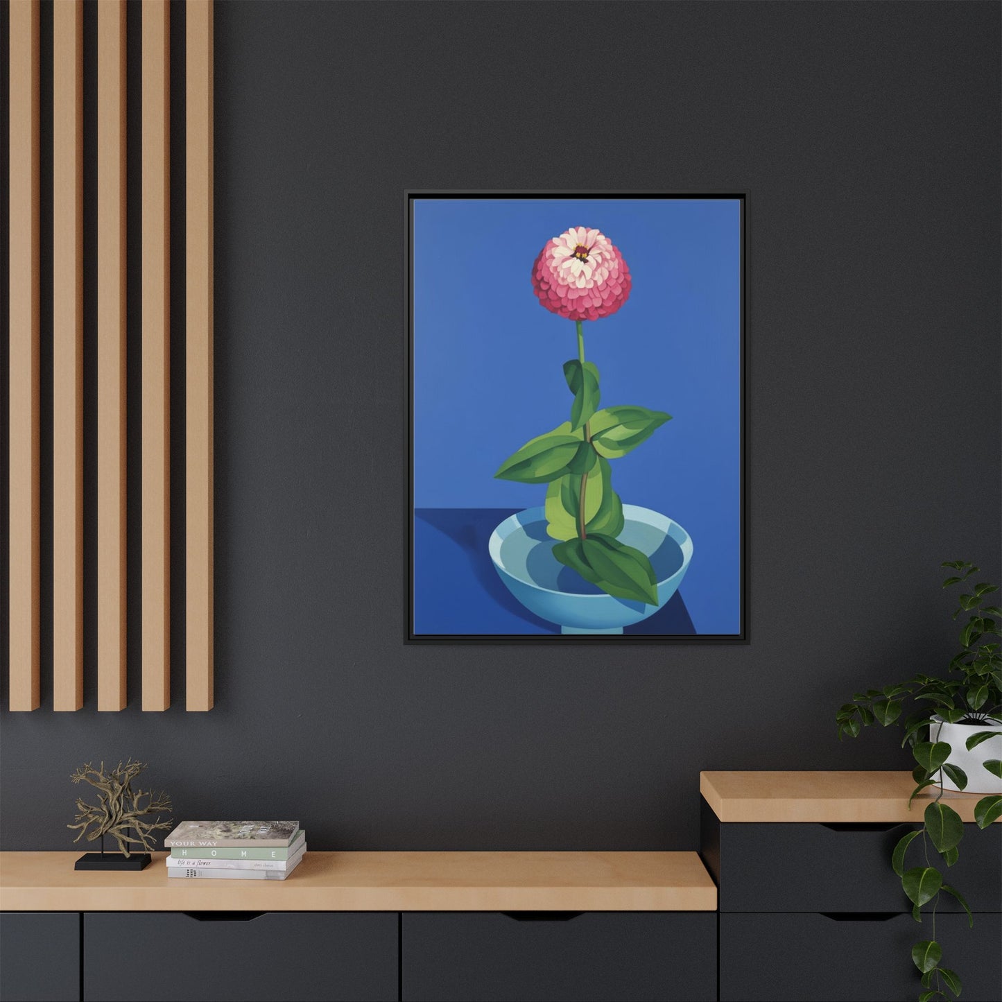 Framed Matte Canvas Art — Pink Zinnia in Blue Bowl (Botanical Still Life)