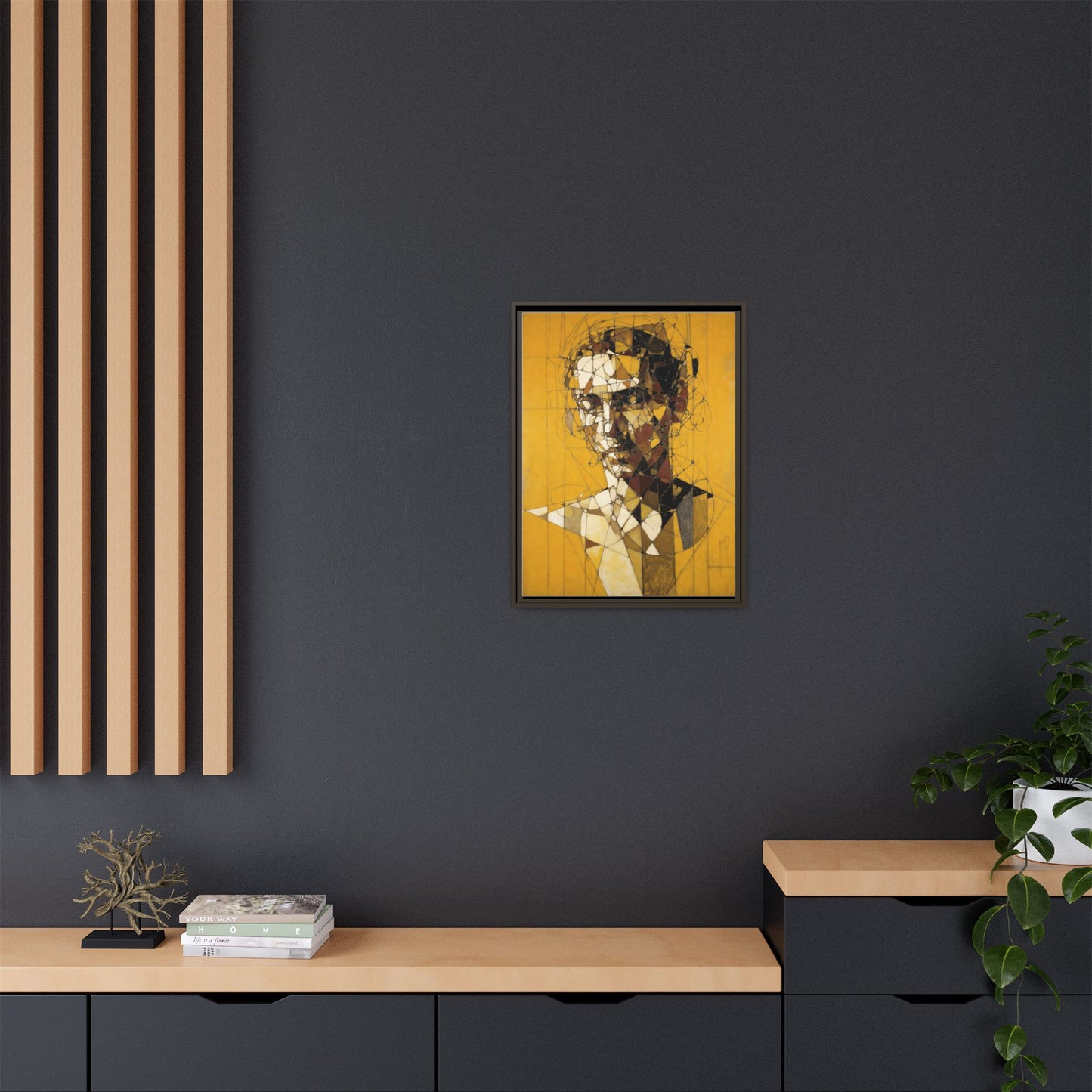 Framed Matte Canvas Art - Abstract Geometric Portrait on Mustard Yellow