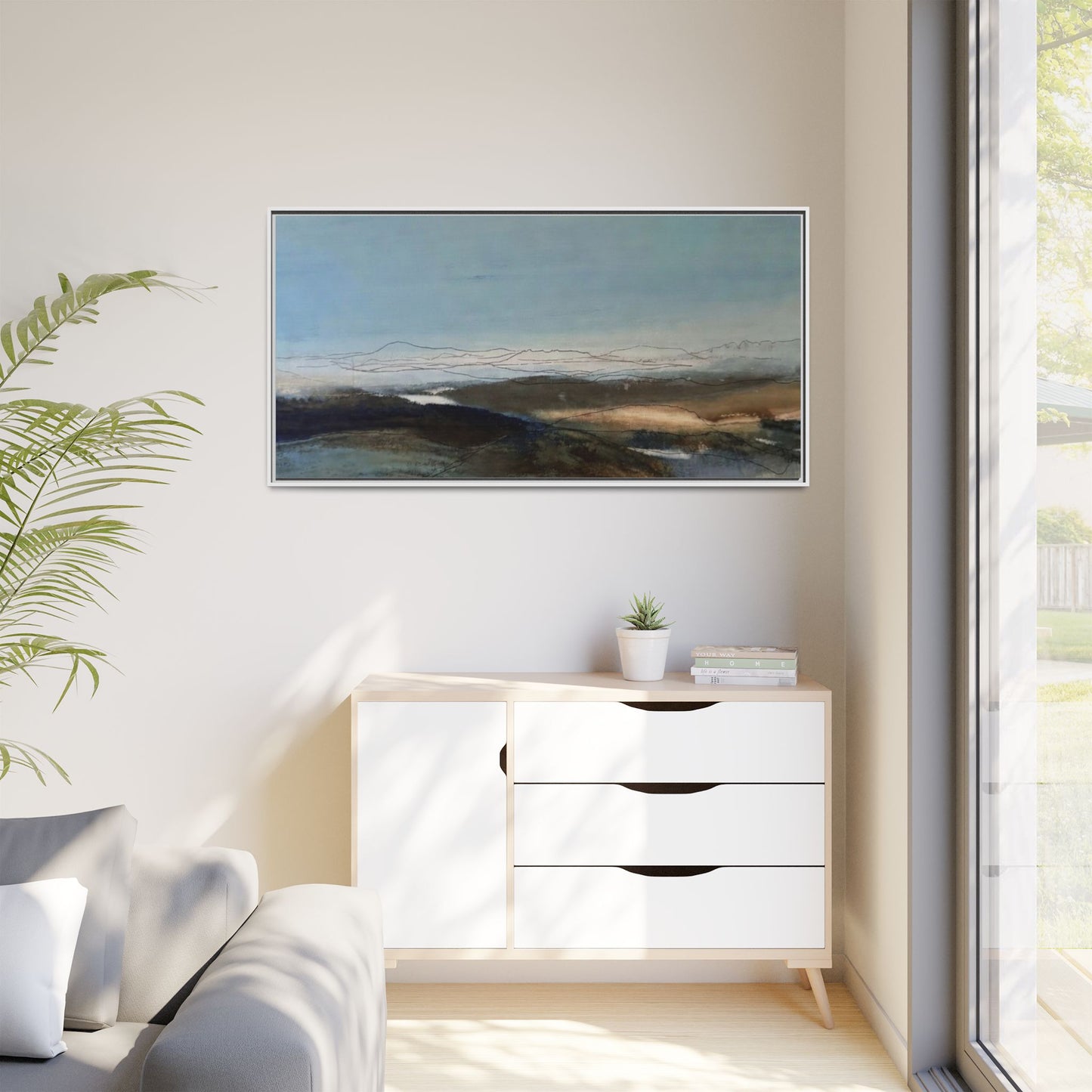 Framed Matte Canvas Wall Art — Serene Abstract Blue Landscape