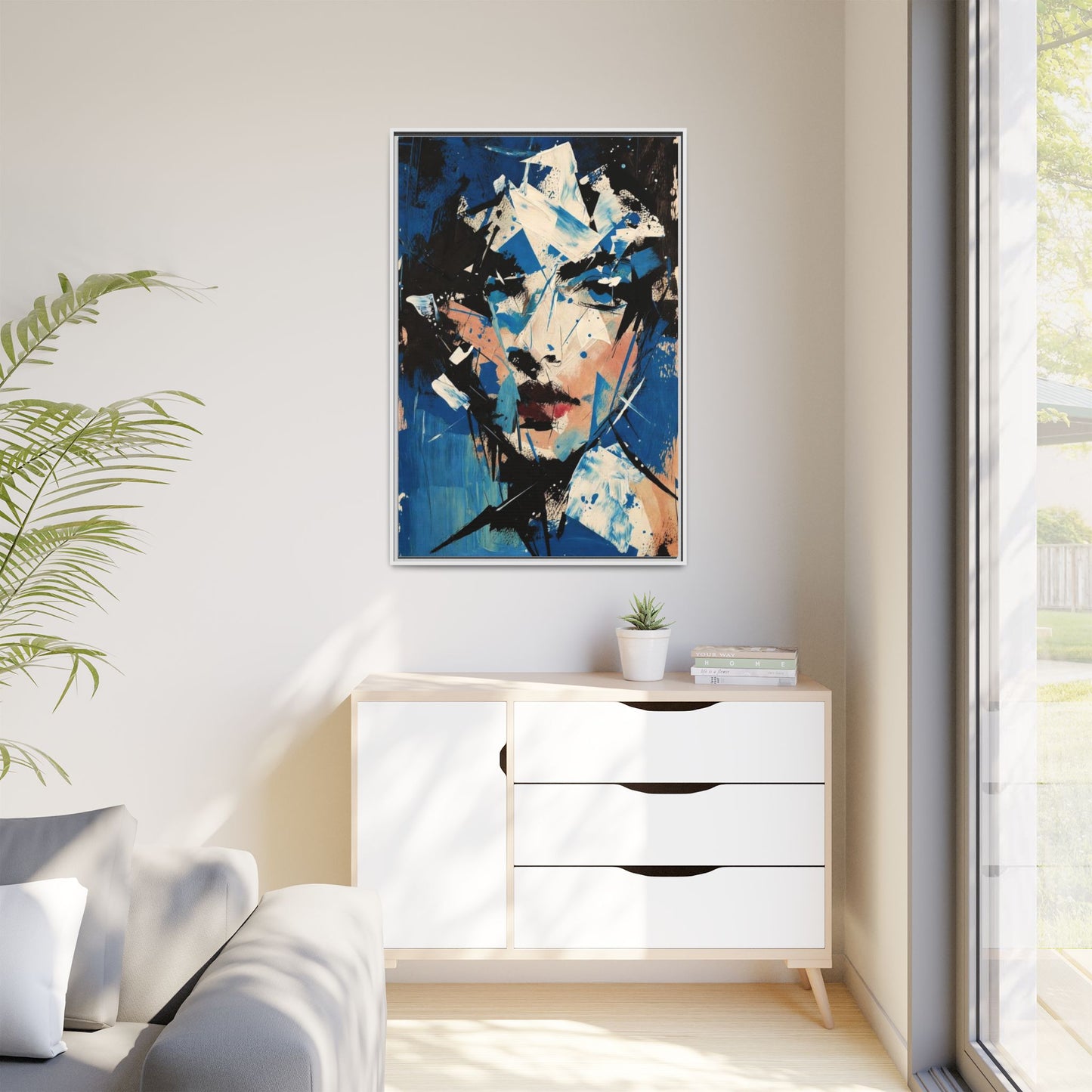 Abstract Portrait Matte Canvas Framed Wall Art — Blue Mixed-Media Face Print