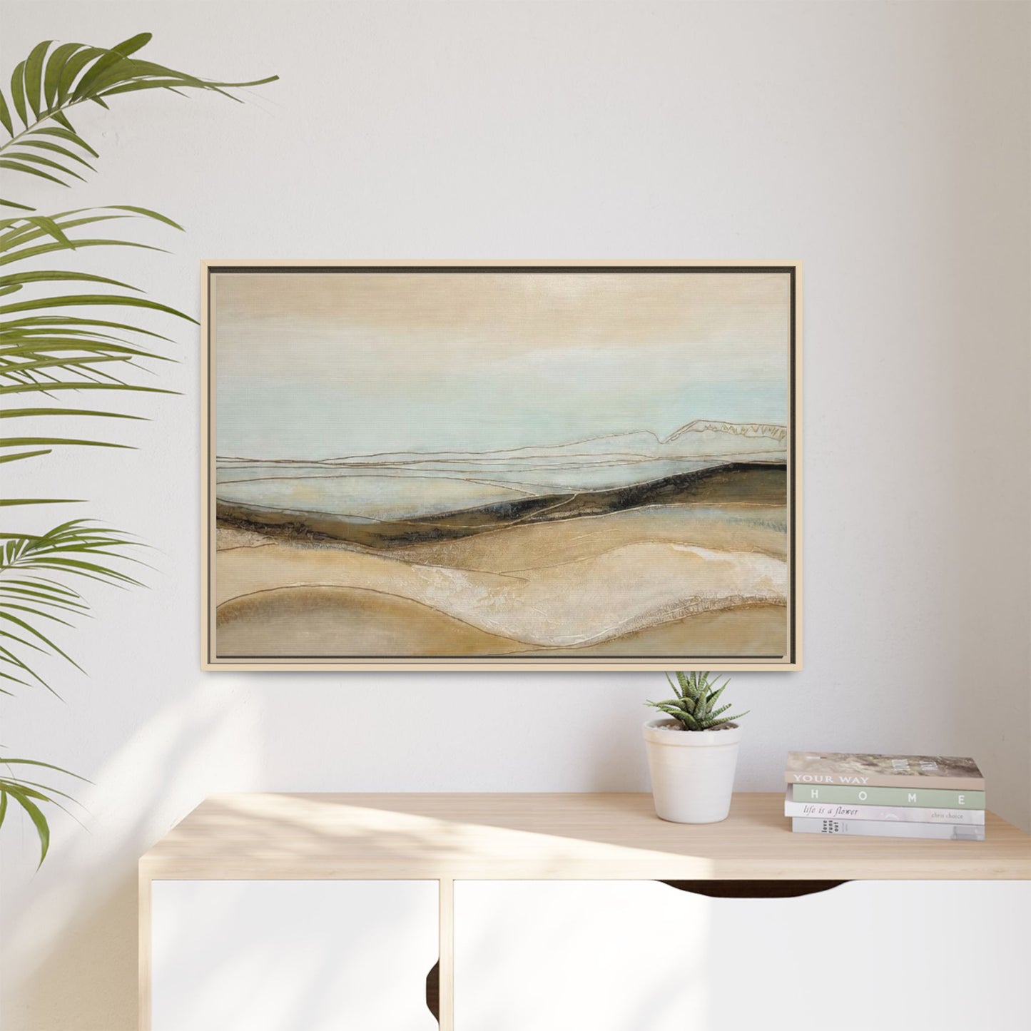 Framed Matte Canvas Wall Art — Neutral Abstract Landscape in Soft Blues & Earth Tones