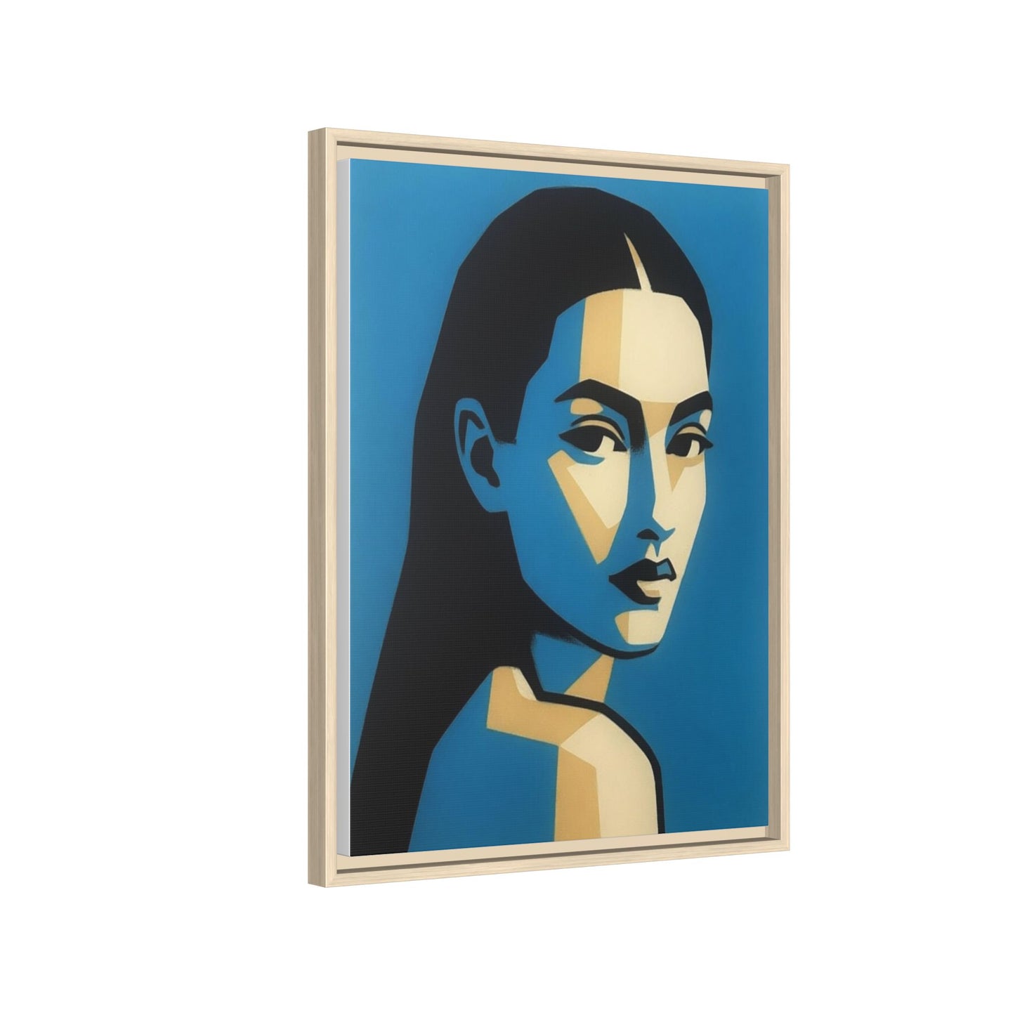 Framed Pop Art Portrait Canvas — Blue Geometric Woman Print