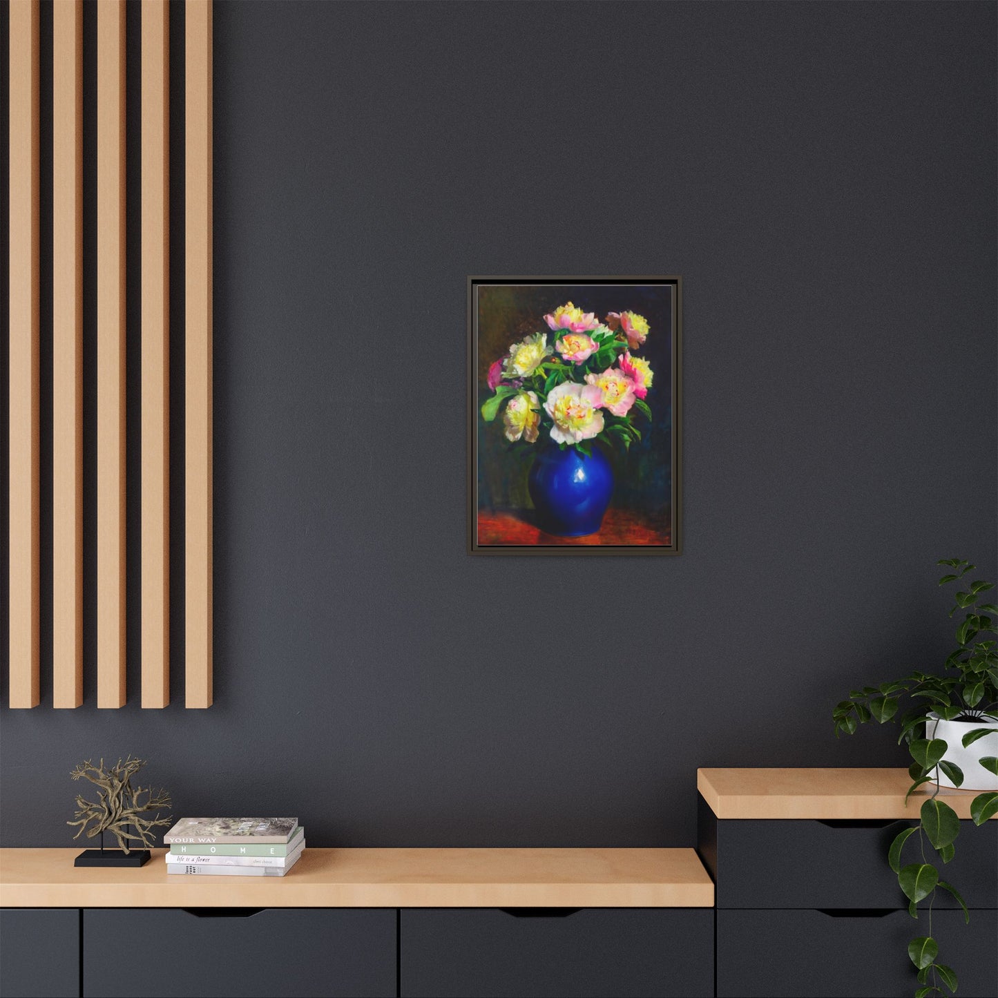 Framed Matte Canvas Wall Art — Vintage Floral Bouquet in Blue Vase