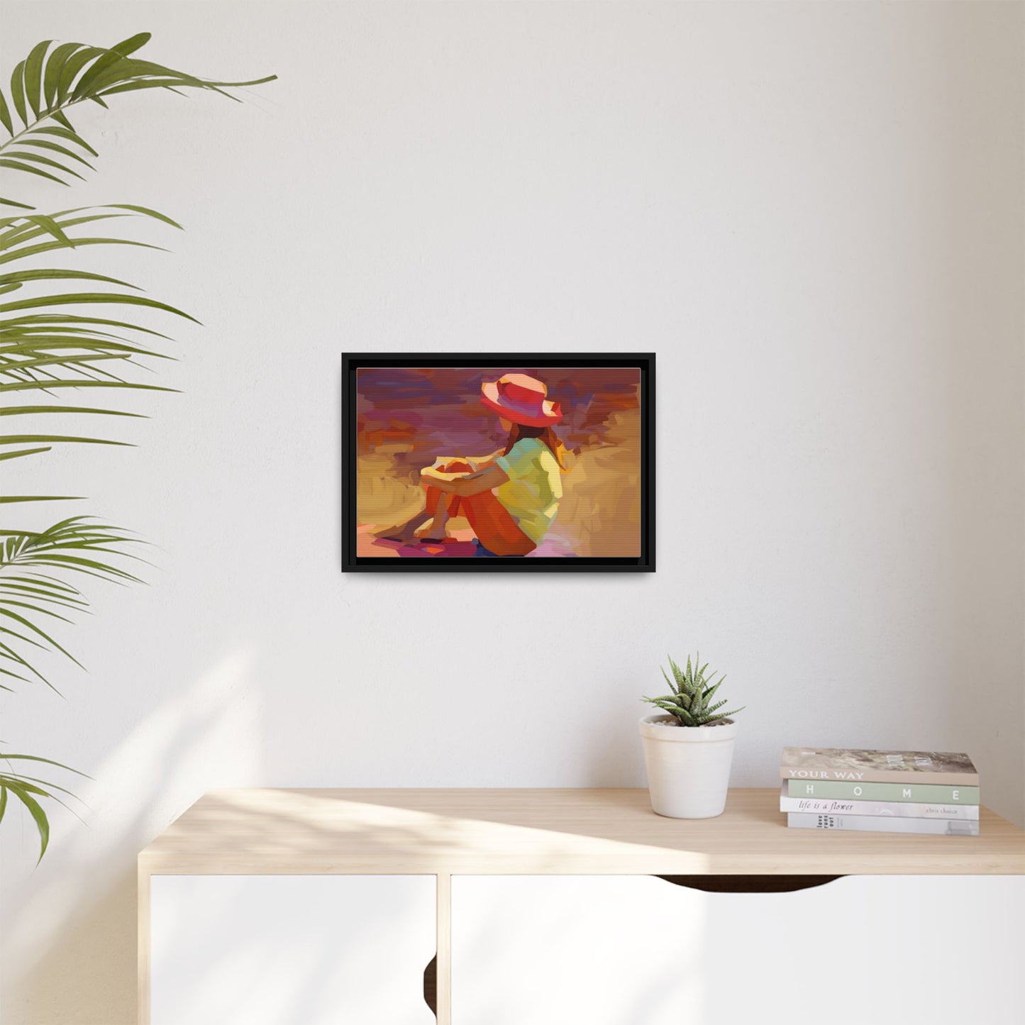 Framed Matte Canvas — Colorful Seated Girl Beach Art