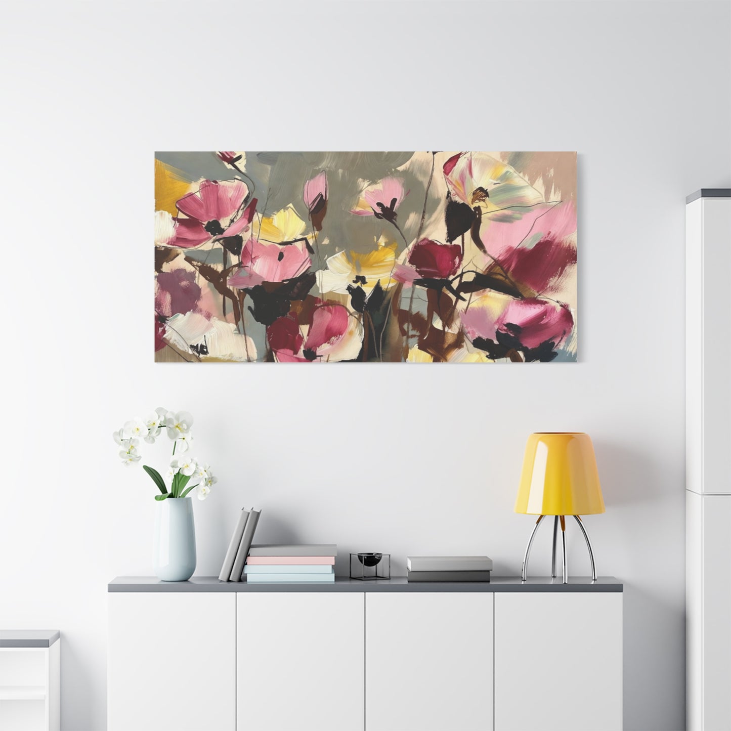 Floral Abstract Canvas Wall Art — Pink & Yellow Bloom Stretched Matte Print