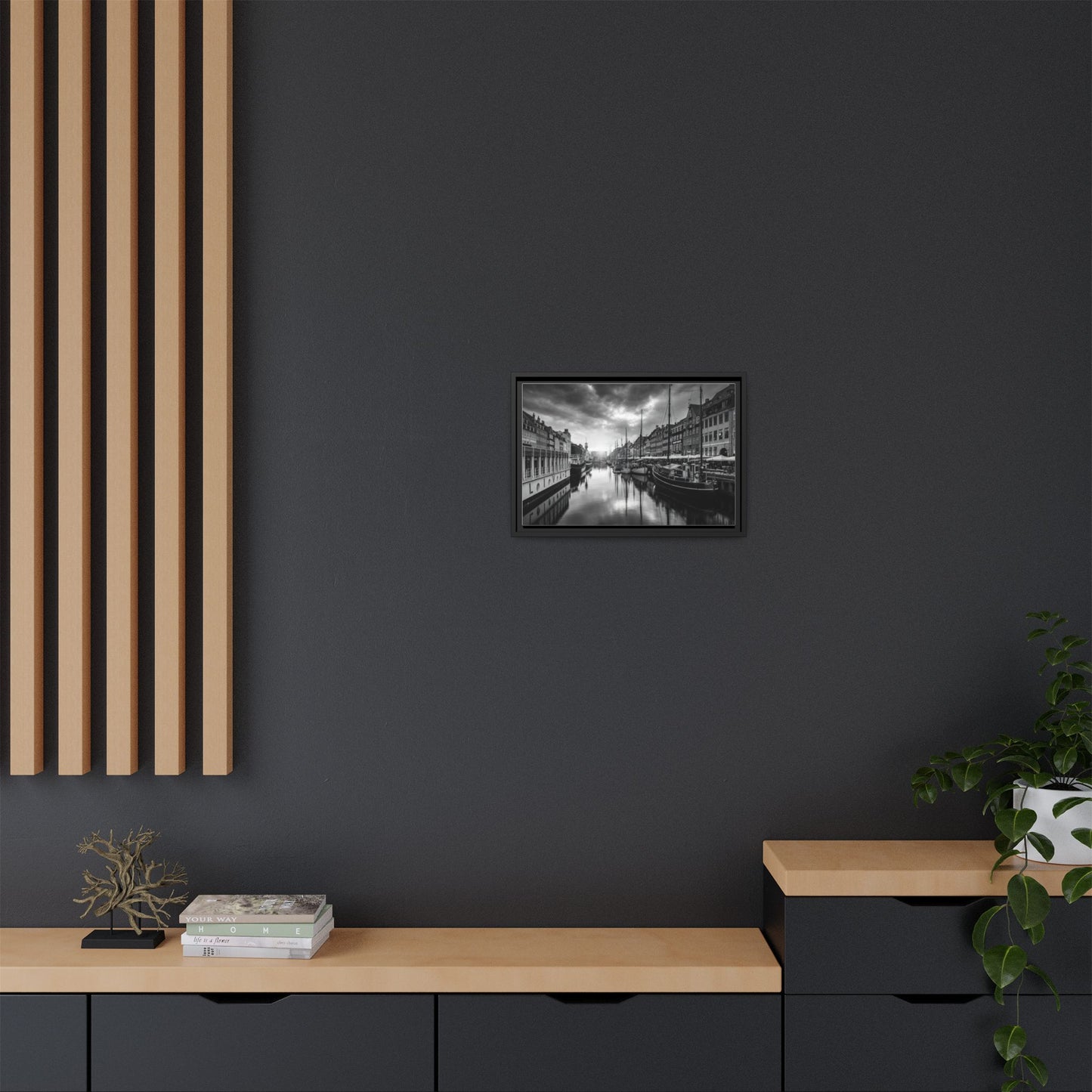 Framed Matte Canvas: Black & White Dutch Canal Photography Wall Art