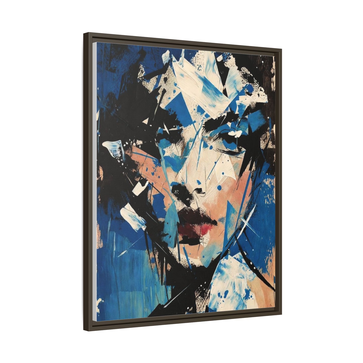 Abstract Portrait Matte Canvas Framed Wall Art — Blue Mixed-Media Face Print