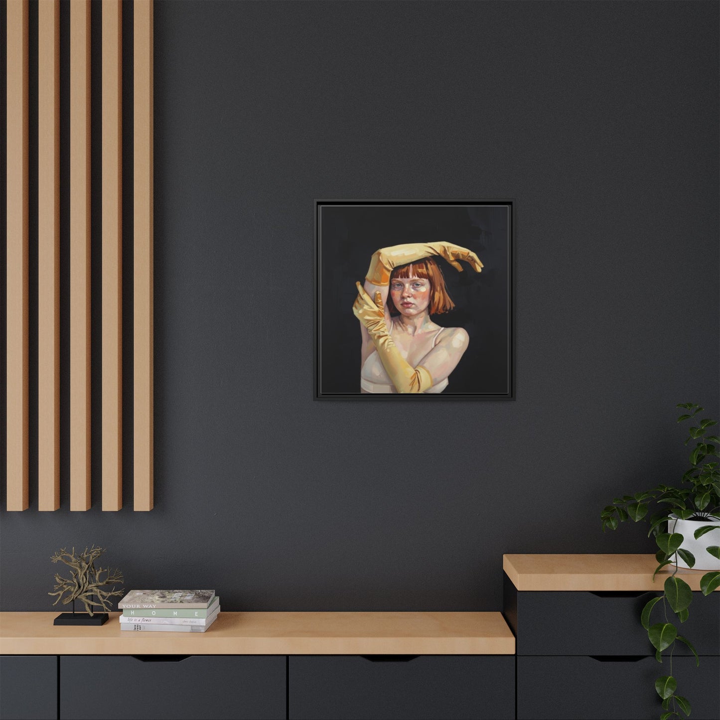 Framed Matte Canvas Art – Portrait of Woman in Yellow Gloves